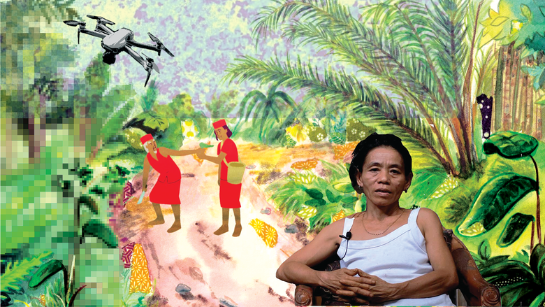 Digital collage with Dayak elder in the foreground, illustration of two Dayak elders in traditional dress collecting forest products and a background of pixellated sky with a drone.